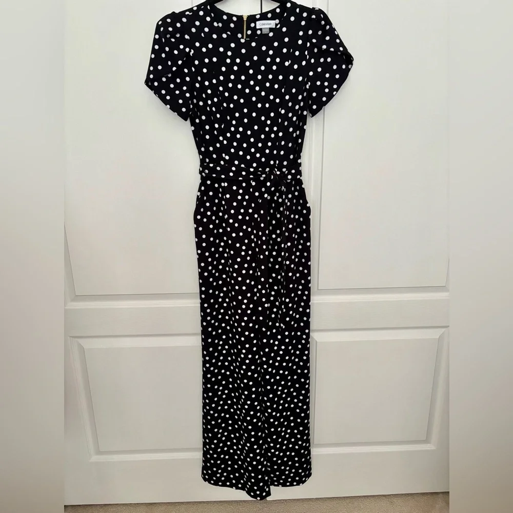 Calvin Klein Black Polka Dot Jumpsuit | Size 4 | Belted, Back Zip, Short Sleeve